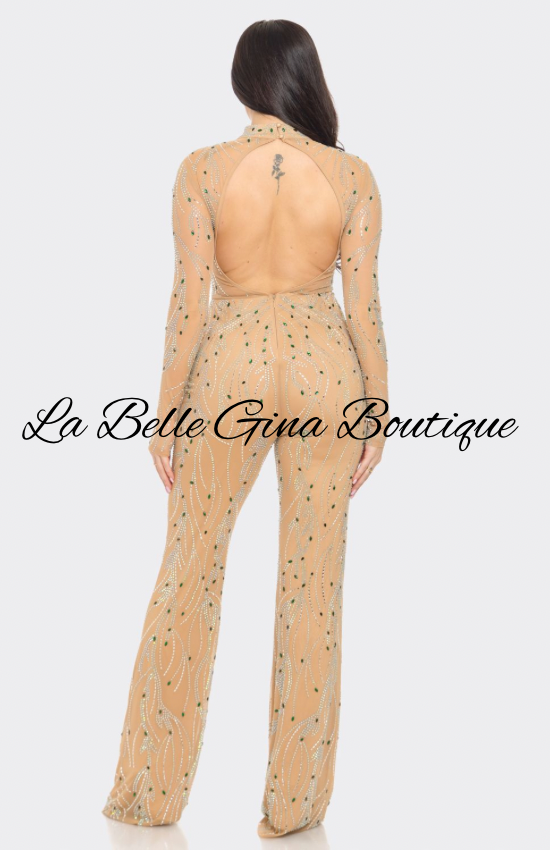 Nude Rhinestone Embellished Jumpsuit – Glam Long Sleeve Backless Outfit