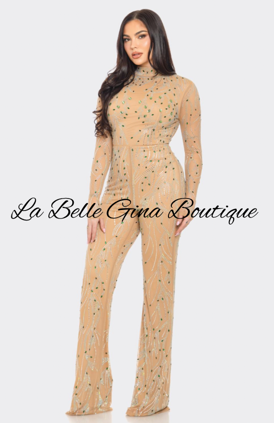 Nude Rhinestone Embellished Jumpsuit – Glam Long Sleeve Backless Outfit