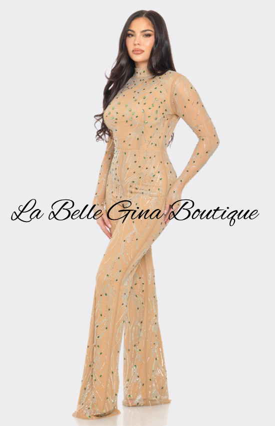 Nude Rhinestone Embellished Jumpsuit – Glam Long Sleeve Backless Outfit