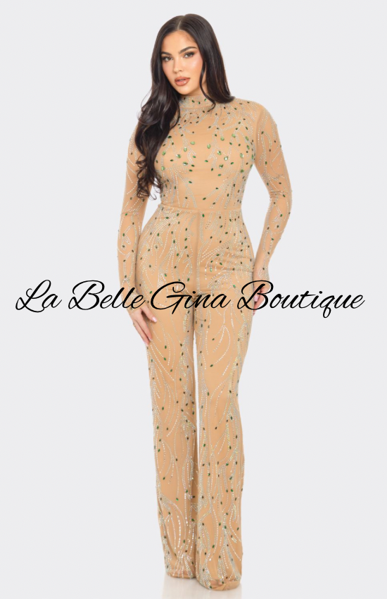Nude Rhinestone Embellished Jumpsuit – Glam Long Sleeve Backless Outfit