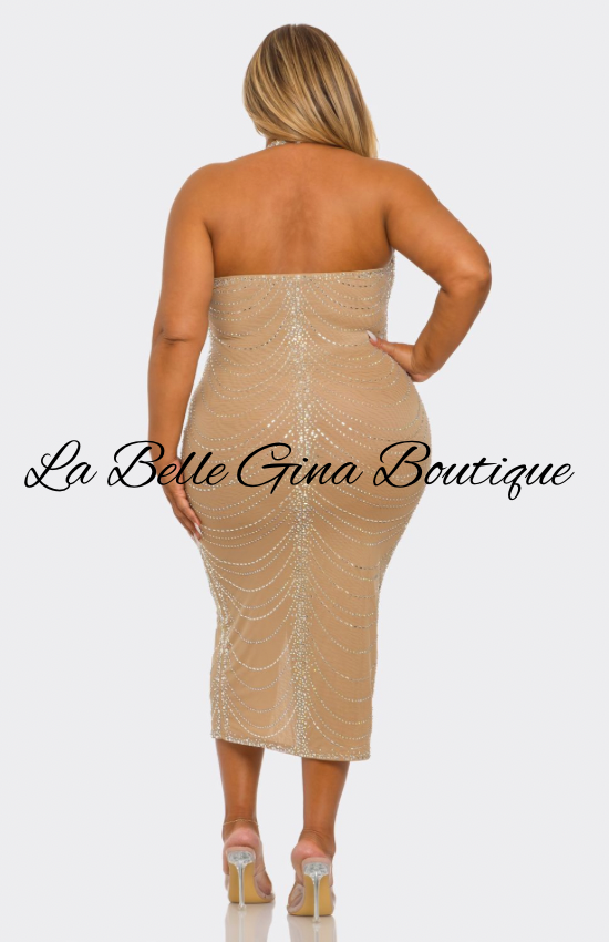 Plus Size Nude Rhinestone Halter Midi Dress – La Belle Gina Boutique