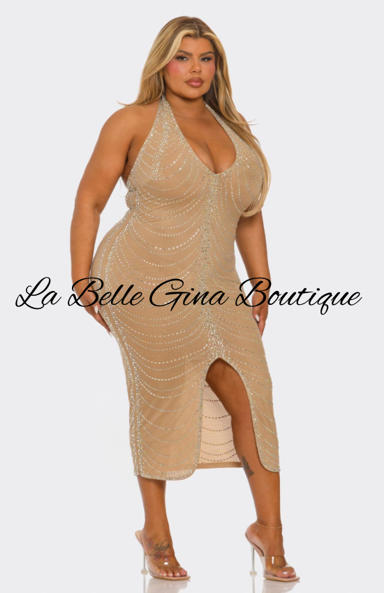 Plus Size Nude Rhinestone Halter Midi Dress – La Belle Gina Boutique