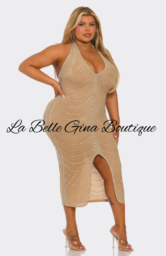 Plus Size Nude Rhinestone Halter Midi Dress – La Belle Gina Boutique