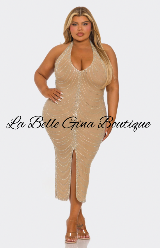 Plus Size Nude Rhinestone Halter Midi Dress – La Belle Gina Boutique