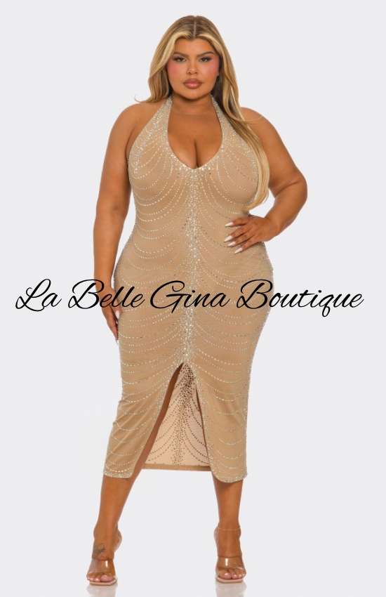 Plus Size Nude Rhinestone Halter Midi Dress – La Belle Gina Boutique