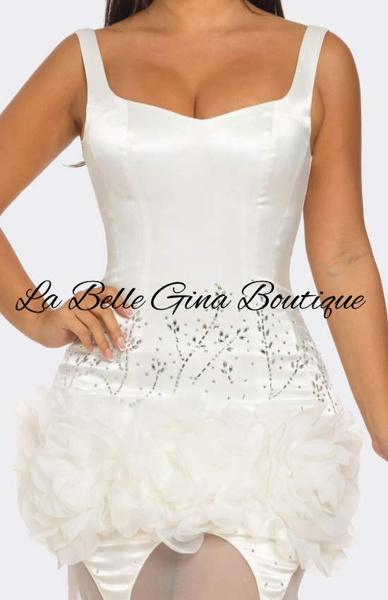 White Satin Corset Mermaid Dress with Sheer Train – La Belle Gina Boutique