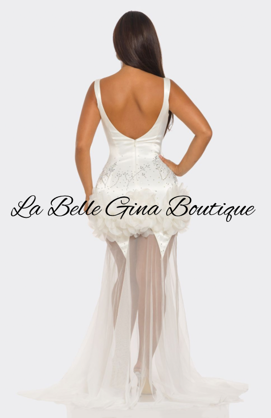 White Satin Corset Mermaid Dress with Sheer Train – La Belle Gina Boutique