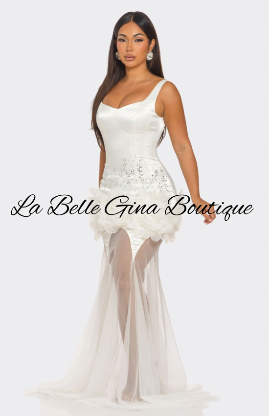 White Satin Corset Mermaid Dress with Sheer Train – La Belle Gina Boutique