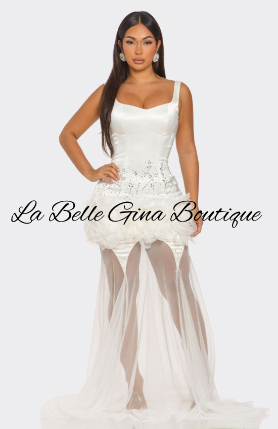 White Satin Corset Mermaid Dress with Sheer Train – La Belle Gina Boutique