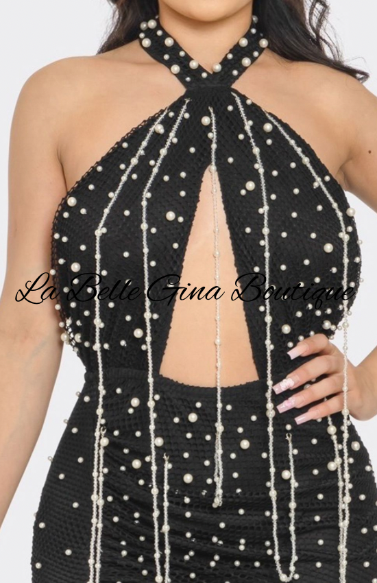 Black Pearl Halter Maxi Dress – Elegant Cutout Gown with Slit