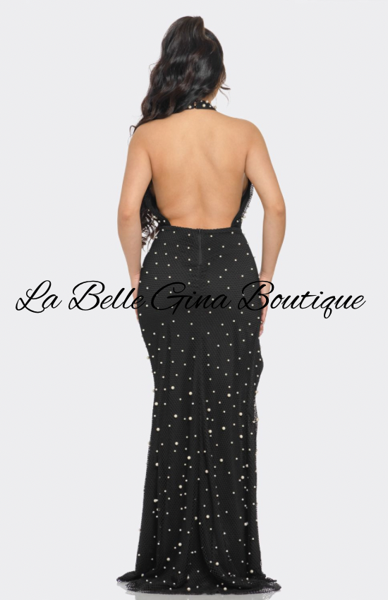Black Pearl Halter Maxi Dress – Elegant Cutout Gown with Slit