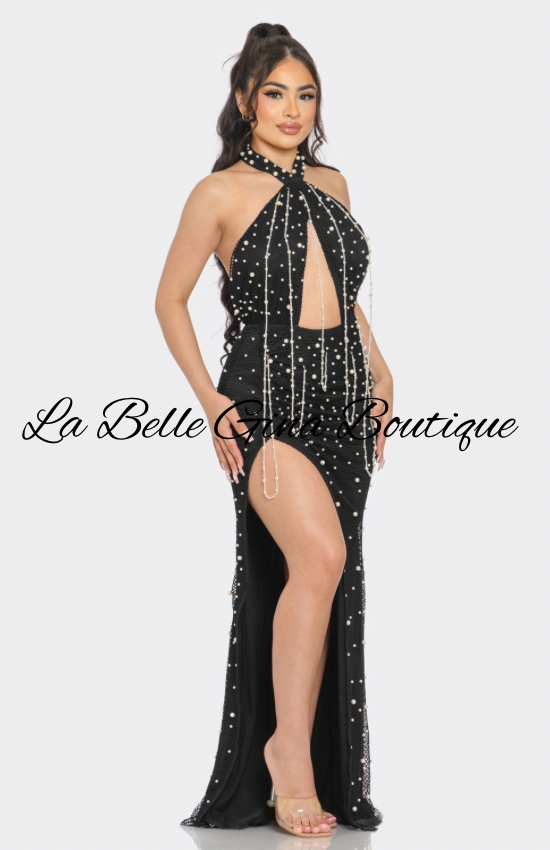 Black Pearl Halter Maxi Dress – Elegant Cutout Gown with Slit
