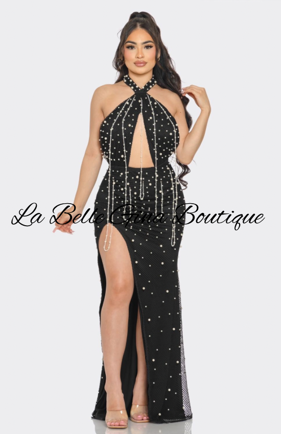 Black Pearl Halter Maxi Dress – Elegant Cutout Gown with Slit