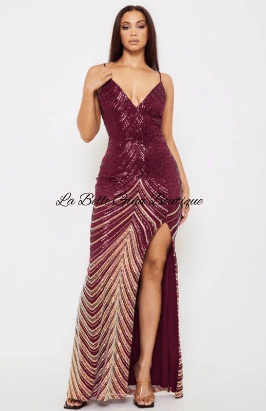 Djoune Ombre Sequin Chevron Pattern Open Back Maxi Dress-Silver