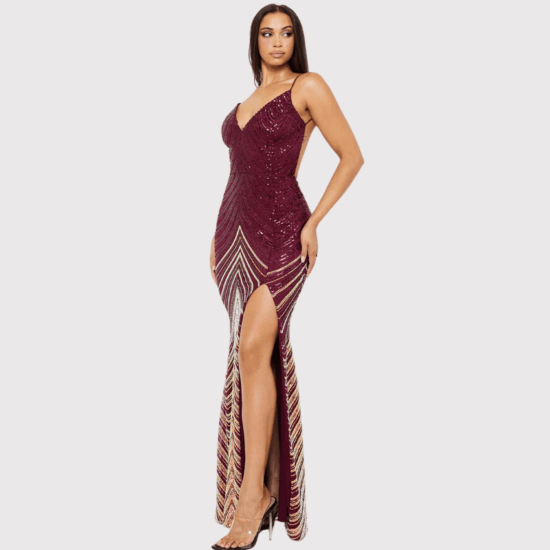 Djoune Ombre Sequin Chevron Pattern Open Back Maxi Dress-Silver