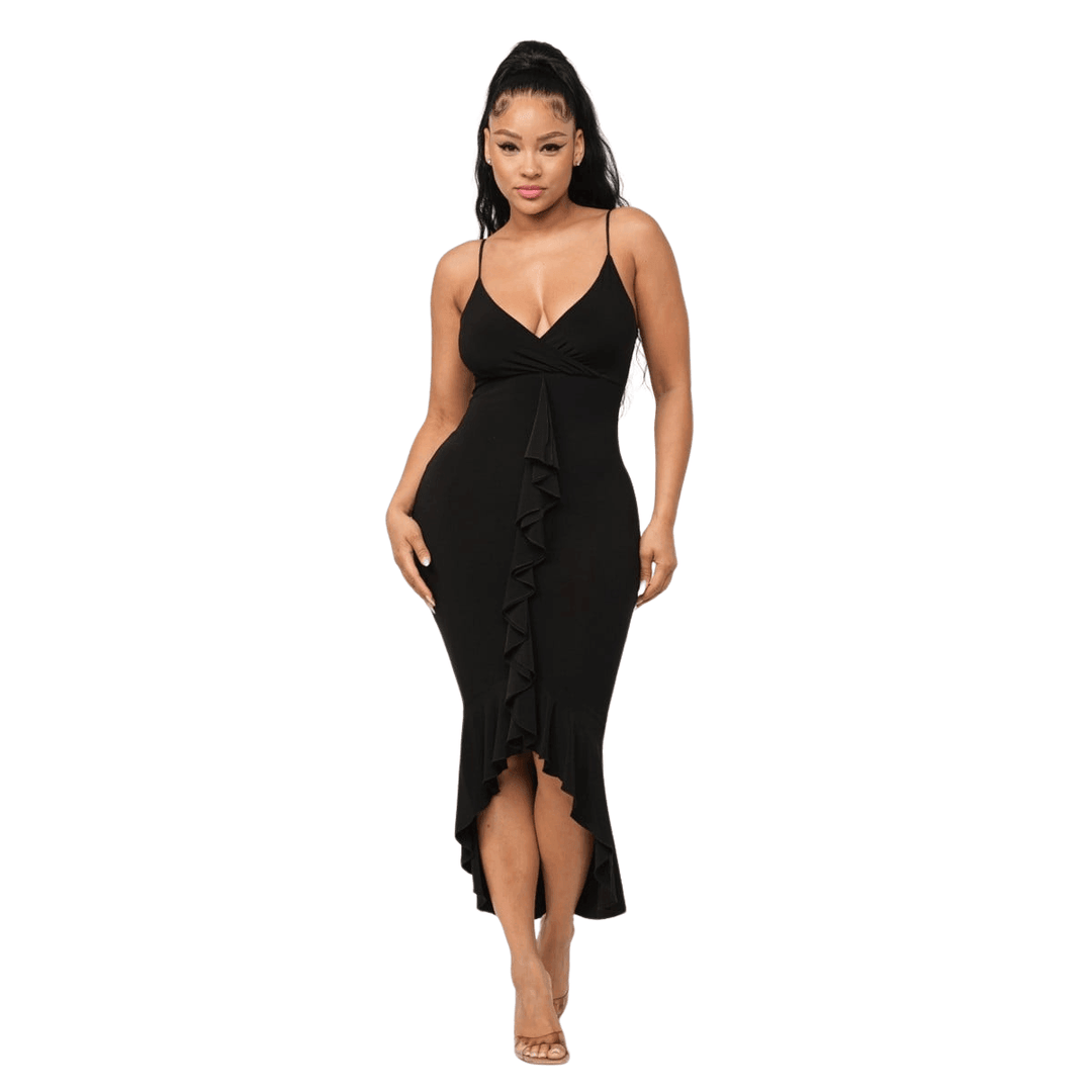 Saly Front Deep V-Neck Wrap Ruffle Detail Bottom Hem Adjustable Strap Midi Dress Fuchsia / Large Saly Front Deep V-Neck Wrap Ruffle Detail Bottom Hem Adjustable Strap Midi Dress Fuchsia / Large