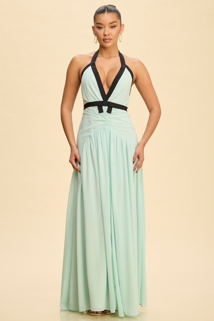 Mint Green Halter Maxi Dress – Backless Deep V Formal Evening Gown for Women