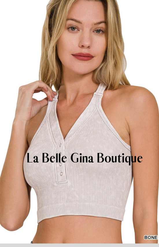 Djoune Washed Cropped Button V-Neck Tank Top.