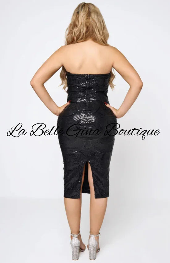 Strapless Pearl Cutout Midi Dress – Black & White Bodycon Cocktail Dress