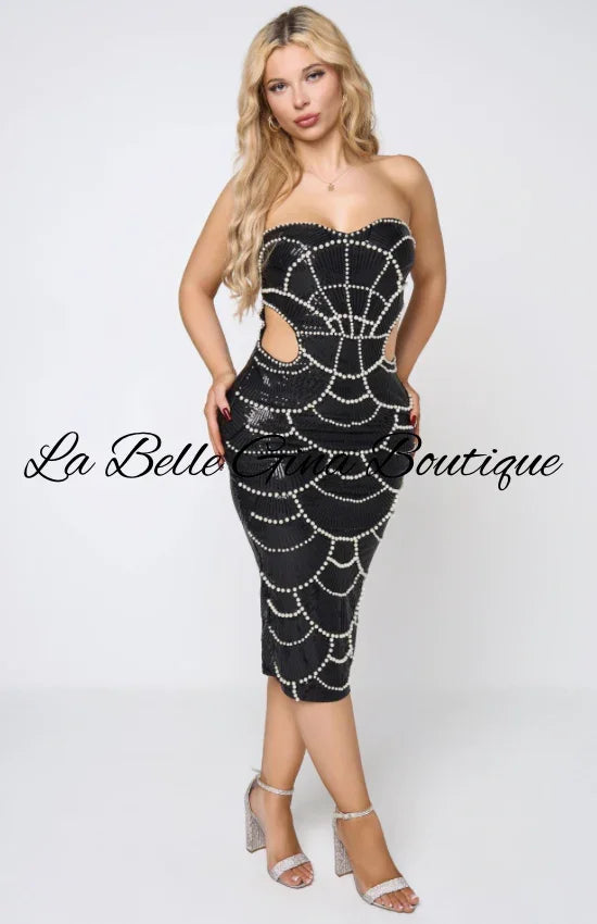 Strapless Pearl Cutout Midi Dress – Black & White Bodycon Cocktail Dress
