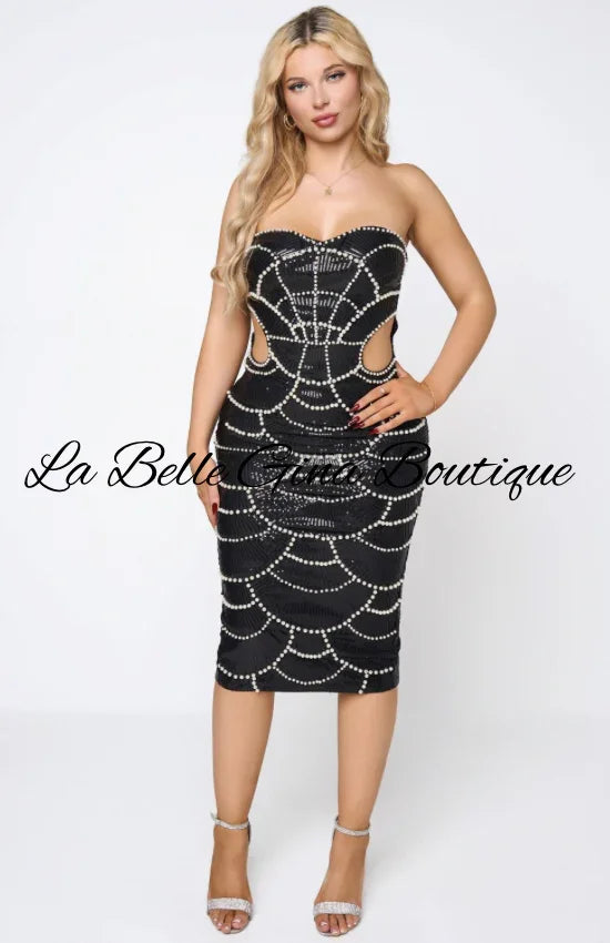 Strapless Pearl Cutout Midi Dress – Black & White Bodycon Cocktail Dress