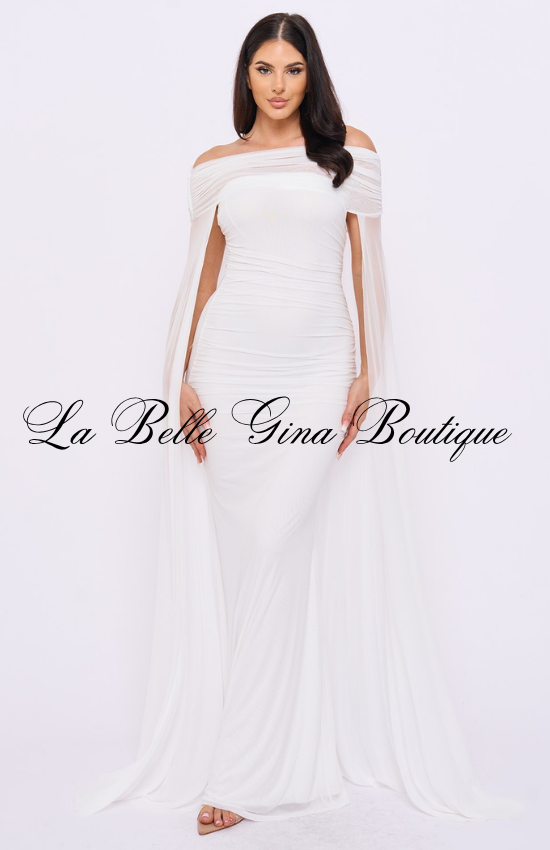 Off Shoulder Ruched Maxi Dress for Women | Elegant Cape Sleeve Evening Gown
