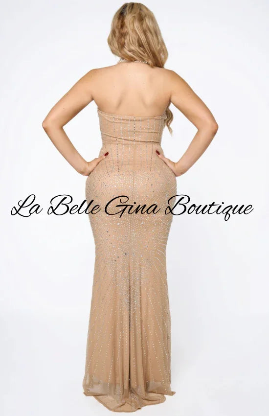 Luxury Crystal Halter Evening Gown – Black & Nude Sequin Prom Dress