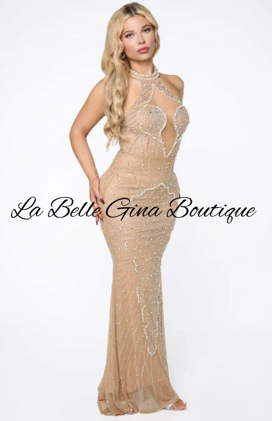 Luxury Crystal Halter Evening Gown – Black & Nude Sequin Prom Dress