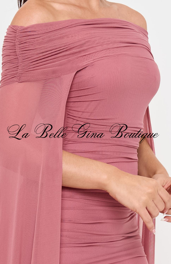 Off Shoulder Ruched Maxi Dress for Women | Elegant Cape Sleeve Evening Gown