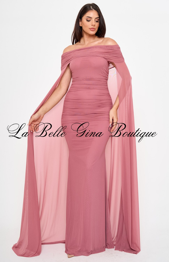 Off Shoulder Ruched Maxi Dress for Women | Elegant Cape Sleeve Evening Gown