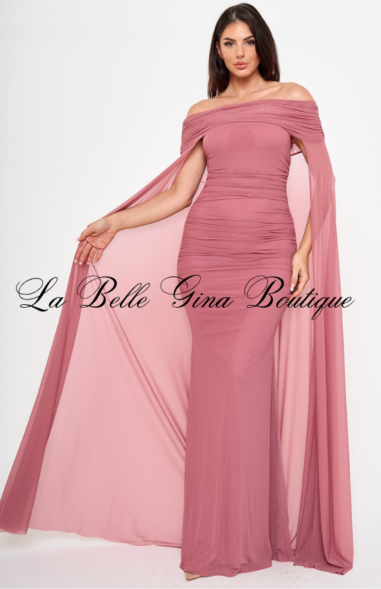 Off Shoulder Ruched Maxi Dress for Women | Elegant Cape Sleeve Evening Gown
