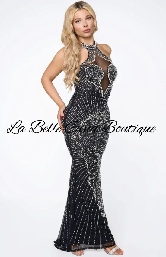Luxury Crystal Halter Evening Gown – Black & Nude Sequin Prom Dress