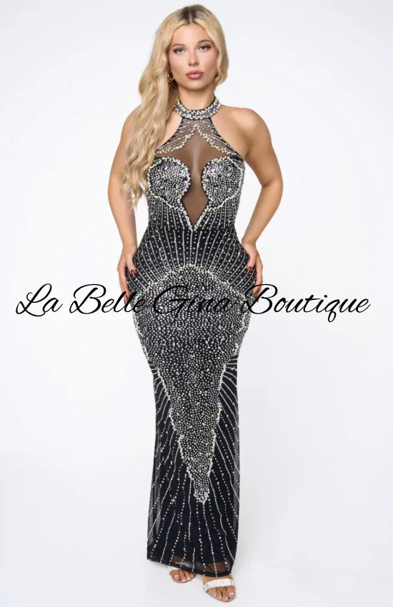 Luxury Crystal Halter Evening Gown – Black & Nude Sequin Prom Dress