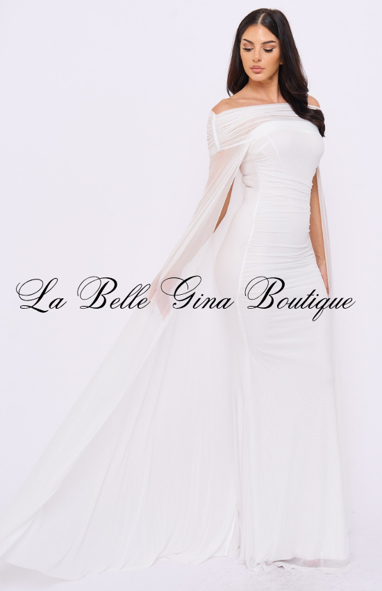 Off Shoulder Ruched Maxi Dress for Women | Elegant Cape Sleeve Evening Gown
