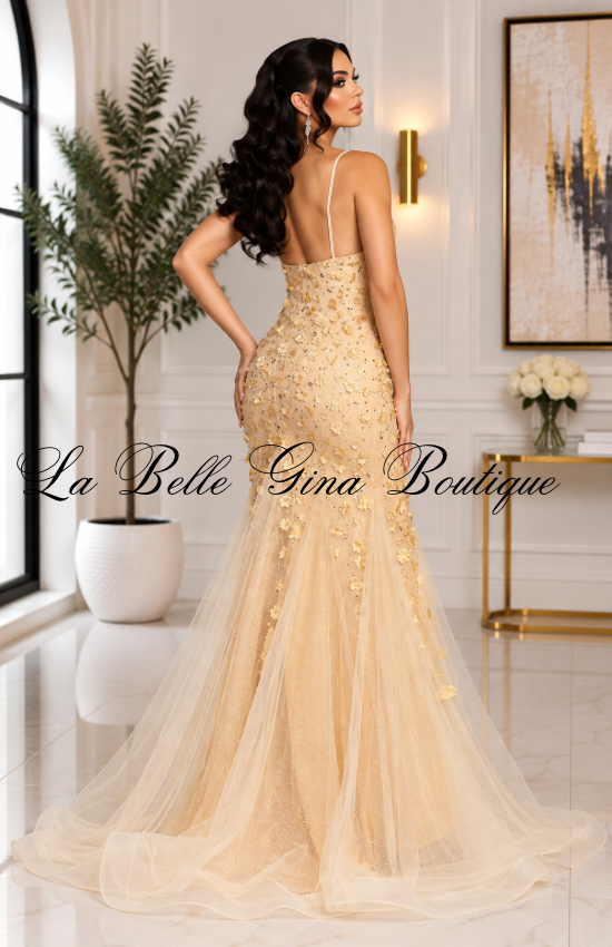 Celestial Bloom 3D Floral Mermaid Gown – Glitter Tulle V-Neck Formal Maxi Dress