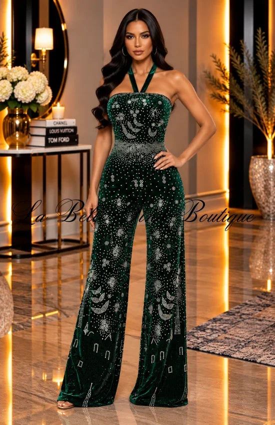 Glamour Queen Rhinestone Halter Jumpsuit – Sparkly Wide-Leg Evening Outfit
