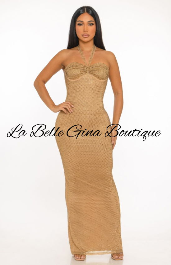 Luxury Sparkle Halter Maxi Gown – Curve Hugging Back Lace-Up Evening Dress | La Belle Gina Boutique