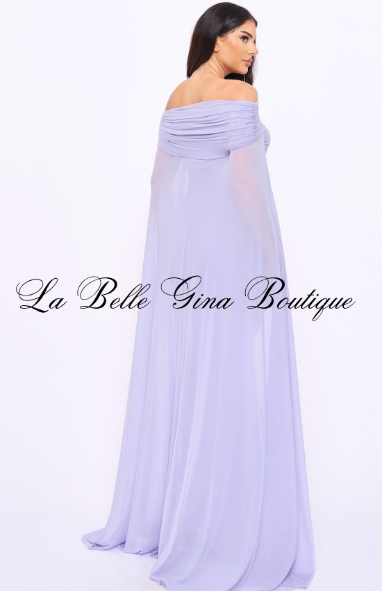 Off Shoulder Ruched Maxi Dress for Women | Elegant Cape Sleeve Evening Gown