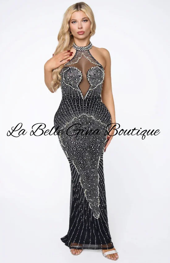 Luxury Crystal Halter Evening Gown – Black & Nude Sequin Prom Dress
