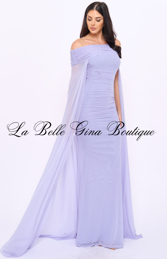 Off Shoulder Ruched Maxi Dress for Women | Elegant Cape Sleeve Evening Gown