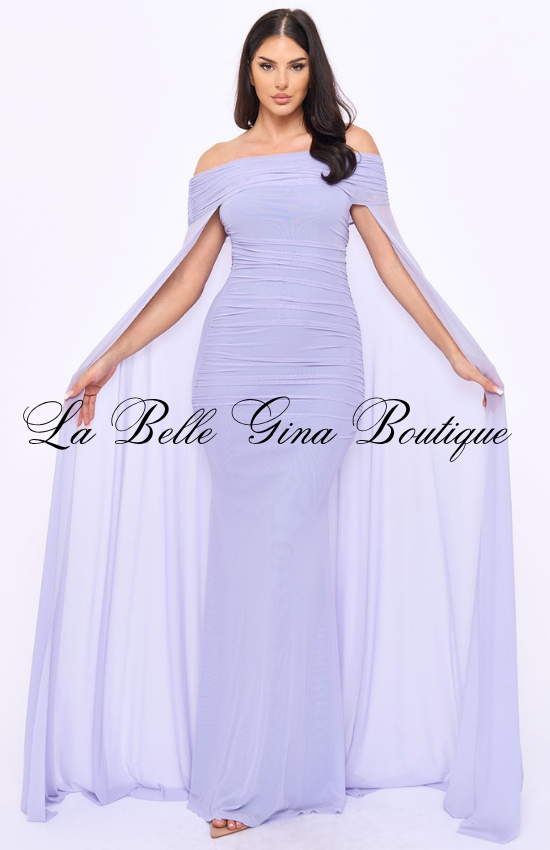 Off Shoulder Ruched Maxi Dress for Women | Elegant Cape Sleeve Evening Gown
