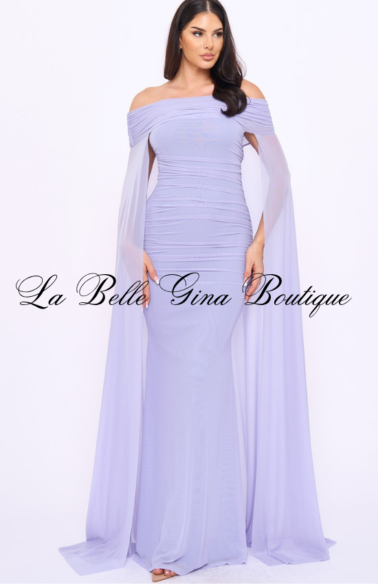 Off Shoulder Ruched Maxi Dress for Women | Elegant Cape Sleeve Evening Gown
