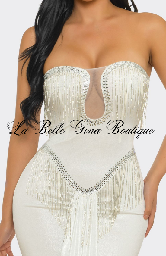 Strapless Rhinestone Fringe Maxi Dress | Elegant Mermaid Evening Gown