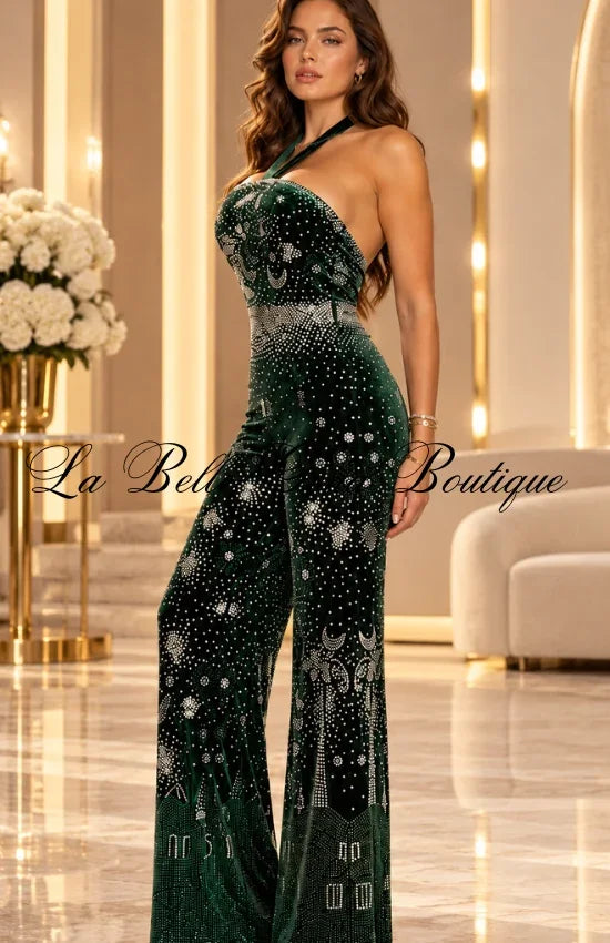 Glamour Queen Rhinestone Halter Jumpsuit – Sparkly Wide-Leg Evening Outfit