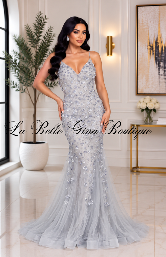 Celestial Bloom 3D Floral Mermaid Gown – Glitter Tulle V-Neck Formal Maxi Dress