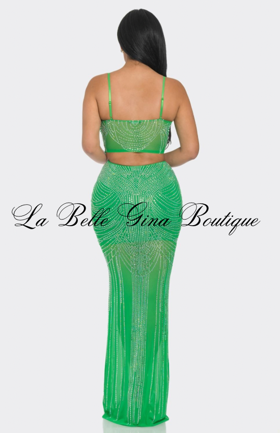 Rhinestone Two-Piece Skirt Set – Crystal Embellished Crop Top & Maxi Skirt | Glam Evening Outfit