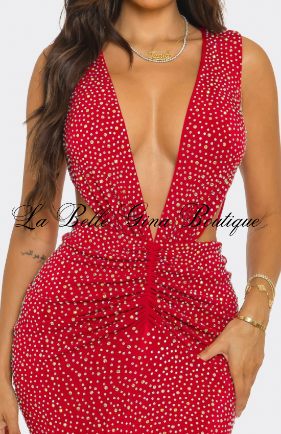 Luxe Rhinestone Cutout Maxi Dress – Deep V\-Neck Bodycon Formal Gown