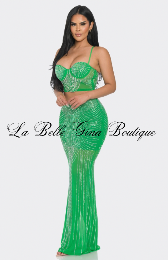 Rhinestone Two-Piece Skirt Set – Crystal Embellished Crop Top & Maxi Skirt | Glam Evening Outfit