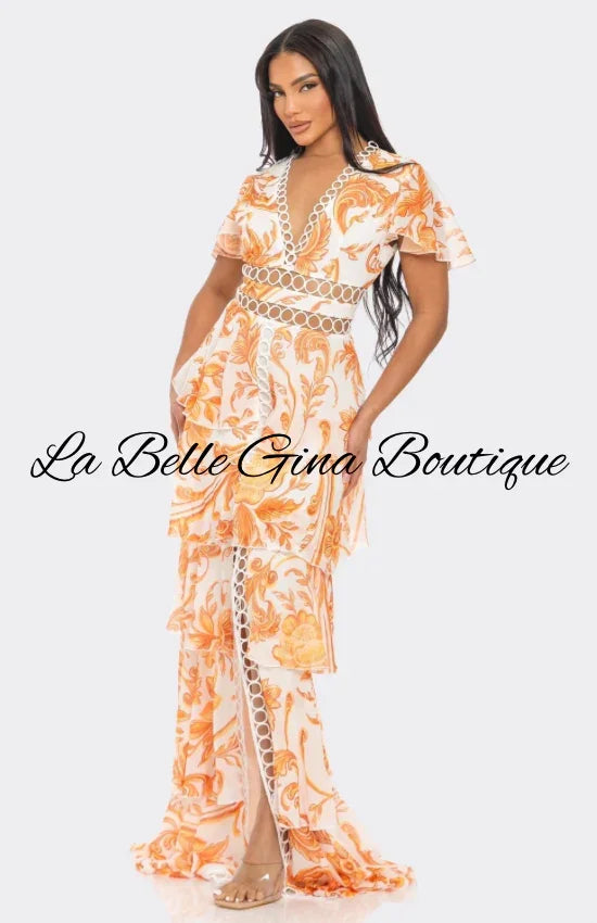 Tropical Print Maxi Dress with Cutout Waist & Tiered Skirt – Resort & Vacation Glam