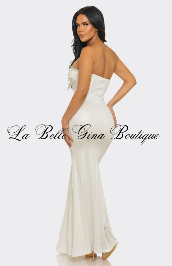 Strapless Rhinestone Fringe Maxi Dress | Elegant Mermaid Evening Gown